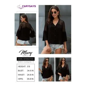 FARYSAYS Women's Clothing V Neck Lace Crochet Long Sleeve Button Down Shirts Casual Loose Tops Blouses Black Large