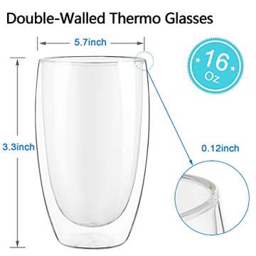 Bivvclaz Double Walled Glass Coffee Mugs, 2-Pack 15 Oz Borosilicate Glass Coffee Cups, Thermo Insulated Glass for Latte Cappuccino Americano Tea milk Beverage, Clear