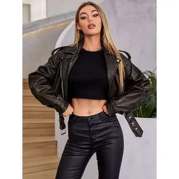 LY VAREY LIN Women Faux Leather Cropped Jacket Lapel Zipper Biker Short Coat with Belt