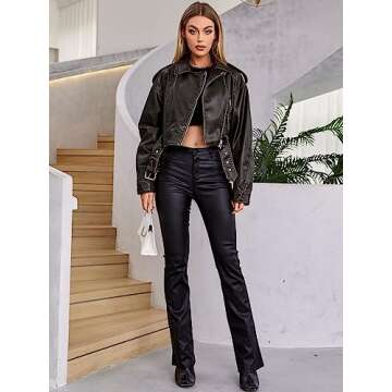 LY VAREY LIN Women Faux Leather Cropped Jacket Lapel Zipper Biker Short Coat with Belt