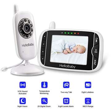 HelloBaby Video Baby Monitor with Camera Digital Color LCD Screen, Zoom and Infrared Night Vision, VOX, Alarm System, Long Transmission Range,Two Way TalkBack and Lullaby (HB32 Baby Monitor)