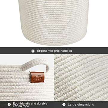 DUUMI 16" x 18" Extra Large Storage Baskets Cotton Rope Woven Nursery Bins,Nursery Hamper,Baby Laundry Basket Woven Blanket Basket,Natural White (XL)