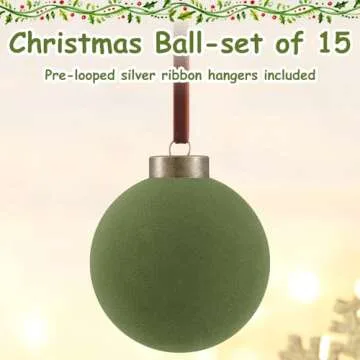 Liliful 15 Pcs Velvet Christmas Balls Bulk Flocked Christmas Tree Ball Ornaments Plastic Xmas Decorative Hanging Ornaments(Green,2.36 Inch)