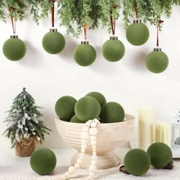Liliful 15 Pcs Velvet Christmas Balls Bulk Flocked Christmas Tree Ball Ornaments Plastic Xmas Decorative Hanging Ornaments(Green,2.36 Inch)