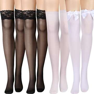 SATINIOR Silk Thigh High Stocking for Women Lace Silicone Socks Satin Bow Top Stocking (Black, White)