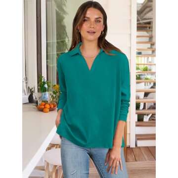 Stylish ANRABESS Women Long Sleeve Polo Shirt - Lake Green