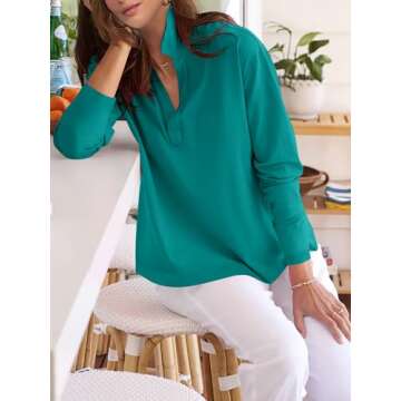 Stylish ANRABESS Women Long Sleeve Polo Shirt - Lake Green