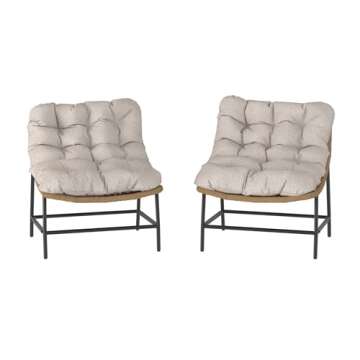 Walker Edison Estrella Modern 2 Piece Rattan Scoop Chair Set, Set of 2, Natural