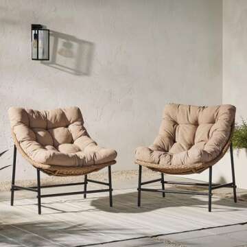 Walker Edison Estrella Modern 2 Piece Rattan Scoop Chair Set, Set of 2, Natural