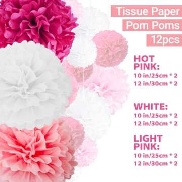 Capesaro Pink Paper Pom Poms - 10",12" Tissue Pom Poms Decorations for Bachelorette Baby Shower Girl...