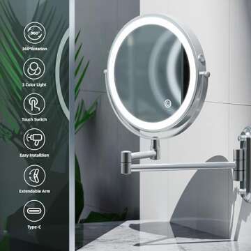 Rocollos Two-Fingers-Width Narrow Base Rechargeable Wall Mounted Lighted Makeup Mirror,3 Color Light...
