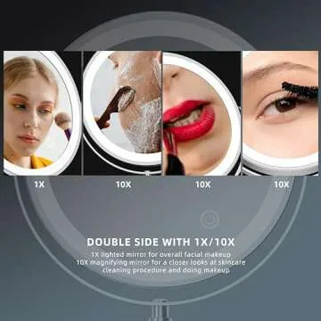 Rocollos Two-Fingers-Width Narrow Base Rechargeable Wall Mounted Lighted Makeup Mirror,3 Color Lights Dimmable Touch Screen,8 Inch LED Double Sided 1X/10X Magnifying Mirror 13 Inch Retractable