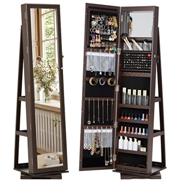 SERWALL 360 Rotating Jewelry Stand Organizer - Jewelry Armoire with Full-Length Mirror - Freestandin...