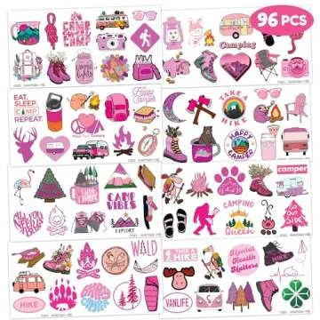 Camping Temporary Tattoos Pink Birthday Party Supplies Favors Decorations for Girls Theme Camp Glamping Smores Hiking Picnic Cute 96PCS Tattoos Stickers for Kids Boys Classroom Rewards Gifts Ideal