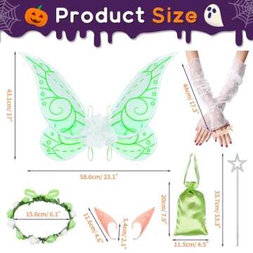MOVINPE Halloween Fairy Wing Elf Ears Fairy Wand Floral Headband Lace Sleeve Little Bag Dress Up Accessories for Women Girls (Green)