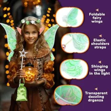 MOVINPE Halloween Fairy Wing Elf Ears Fairy Wand Floral Headband Lace Sleeve Little Bag Dress Up Accessories for Women Girls (Green)
