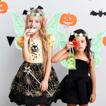 MOVINPE Halloween Fairy Wing Elf Ears Fairy Wand Floral Headband Lace Sleeve Little Bag Dress Up Accessories for Women Girls (Green)