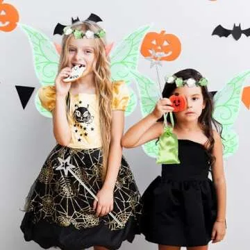 MOVINPE Halloween Fairy Wing Elf Ears Fairy Wand Floral Headband Lace Sleeve Little Bag Dress Up Accessories for Women Girls (Green)