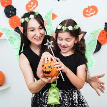 MOVINPE Halloween Fairy Wing Elf Ears Fairy Wand Floral Headband Lace Sleeve Little Bag Dress Up Accessories for Women Girls (Green)