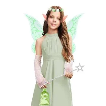 MOVINPE Halloween Fairy Wing Elf Ears Fairy Wand Floral Headband Lace Sleeve Little Bag Dress Up Accessories for Women Girls (Green)