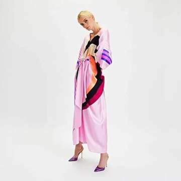 Elegant Soft Satin Silk Belt Style Kaftan for Summer & Beach Wear, 5647 Pink