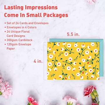 S&O Floral Note Cards and Envelopes Set of 24 - Blank Notecards for Handwritten Messages - Floral All Occasion Cards Assortment Box with Envelopes - Mix & Match Vibrant Notecards and Envelopes Set