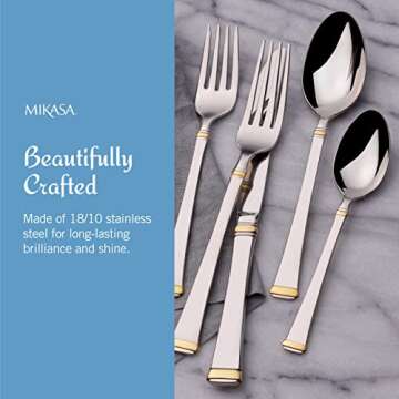 Mikasa, Gold Accent Harmony Flatware Service for 12, 65 Piece Set, 18/10 Stainless Steel, Silverware Set with Serving Utensils