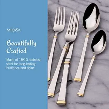 Mikasa, Gold Accent Harmony Flatware Service for 12, 65 Piece Set, 18/10 Stainless Steel, Silverware Set with Serving Utensils