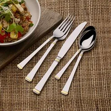 Mikasa, Gold Accent Harmony Flatware Service for 12, 65 Piece Set, 18/10 Stainless Steel, Silverware Set with Serving Utensils