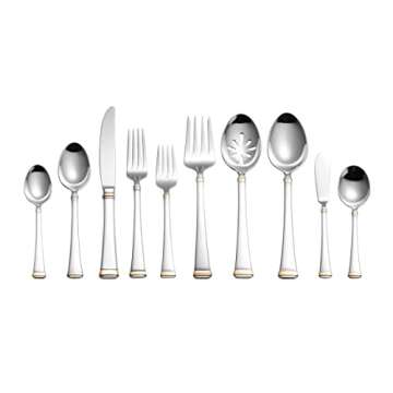 Mikasa, Gold Accent Harmony Flatware Service for 12, 65 Piece Set, 18/10 Stainless Steel, Silverware Set with Serving Utensils