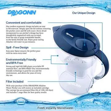 DRAGONN Alkaline Water Pitcher - 3.5 Liters, Free Filter Included, Removes Lead, Chlorine, Copper and more, PH 8.5-9.5 Enhanced 2019 Model