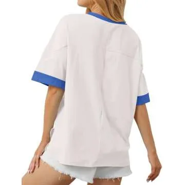 Anoumcy Color Block Oversized Cotton T Shirt for Women Girls Casual Crew Neck Short Sleeve Tee Shirts Summer Loose Tops White M