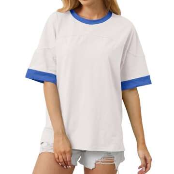 Anoumcy Color Block Oversized Cotton T Shirt for Women Girls Casual Crew Neck Short Sleeve Tee Shirts Summer Loose Tops White M