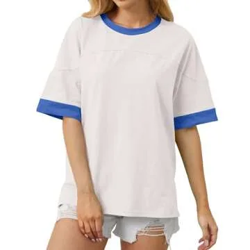 Anoumcy Color Block Oversized Cotton T Shirt for Women Girls Casual Crew Neck Short Sleeve Tee Shirts Summer Loose Tops White M