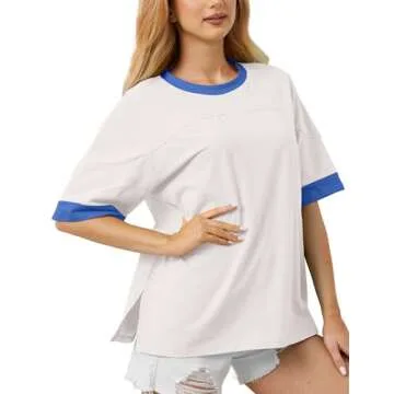 Anoumcy Color Block Oversized Cotton T Shirt for Women Girls Casual Crew Neck Short Sleeve Tee Shirts Summer Loose Tops White M