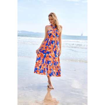 2024 Summer Women's Criss Cross Halterneck Sleeveless Floral Print Flowy A Line Maxi Dress Blue Flowers S