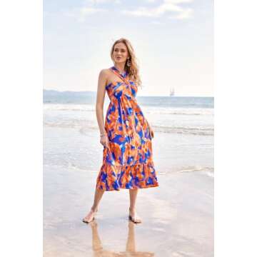 2024 Summer Women's Criss Cross Halterneck Sleeveless Floral Print Flowy A Line Maxi Dress Blue Flowers S