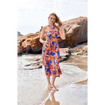 2024 Summer Women's Criss Cross Halterneck Sleeveless Floral Print Flowy A Line Maxi Dress Blue Flowers S