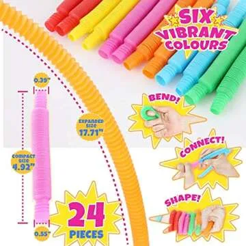 Pop Tubes Mini 24 Pack, Sensory Fidget Party Favors Bulk Toys for Kids, Stress Relief Toys for ADHD, ADD Toddlers, DIY Learning for Preschool, Fidget Toys for Kids Party Favors Classroom Prize