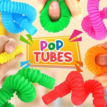 Pop Tubes Mini 24 Pack, Sensory Fidget Party Favors Bulk Toys for Kids, Stress Relief Toys for ADHD, ADD Toddlers, DIY Learning for Preschool, Fidget Toys for Kids Party Favors Classroom Prize