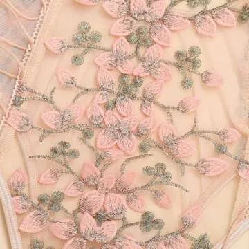 Lilosy Women Sexy Lace Up Floral Embroidered Teddy Babydoll Lingerie Bodysuit Top Mesh Sheer One Piece See Through Pink X-Large