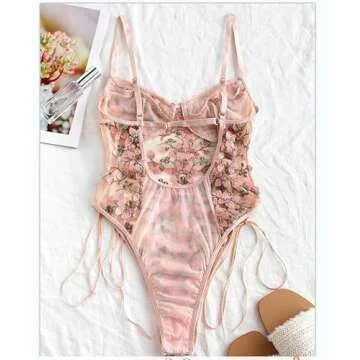 Lilosy Women Sexy Lace Up Floral Embroidered Teddy Babydoll Lingerie Bodysuit Top Mesh Sheer One Piece See Through Pink X-Large