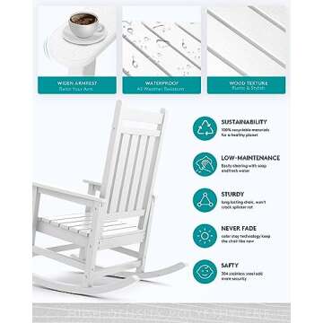 SERWALL Outdoor Rocking Chair, HDPE Rocking Chair for Adults, All Weather Porch Rockers for Lawn Garden, White