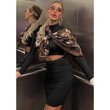 GOKATOSAU Women's Sexy Bodycon 2 Piece Outfits Dress Long Sleeve Crop Top Ruched Skirt Black