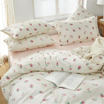 Kawaii Strawberry Duvet Cover Twin Set for Kids Girls Bedroom