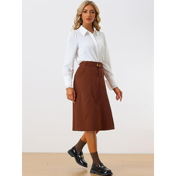 Allegra K Women's High Waist Elastic Back A-Line Belted Winter Fall Midi Corduroy Skirt X-Large Brown
