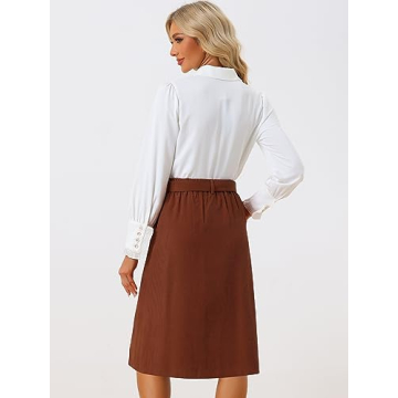 Allegra K Women's High Waist Elastic Back A-Line Belted Winter Fall Midi Corduroy Skirt X-Large Brown