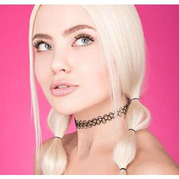 Expressions 3pc Assorted Tattoo Stretch Jewelry Collection - Black Tattoo Choker Necklace, Bracelet & Ring Set - Stretchy Tattoo Effect Jewelry Accessories For Kids And Adults