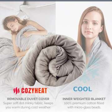 Degrees of Comfort Washable Weighted Blanket with Removable Cover Twin Size, 1 x Cozyheat Minky Plush Cover Included, Micro Glass Beads Technology, 48x72 15 lbs Grey