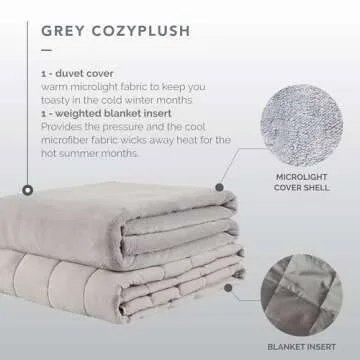 Degrees of Comfort Washable Weighted Blanket with Removable Cover Twin Size, 1 x Cozyheat Minky Plush Cover Included, Micro Glass Beads Technology, 48x72 15 lbs Grey
